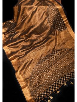 Shobitam - Copper Cutwork And Mirror Work Tissue Linen Saree With Unstitched Blouse