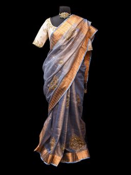 Shobitam - Gray Tissue Linen Saree With Unstitched Blouse