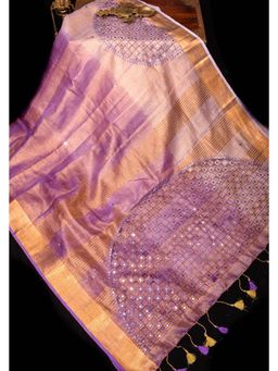 Shobitam - Cutwork And Mirror Work Tissue Linen Saree With Unstitched Blouse