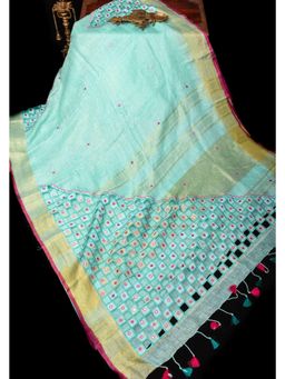 Shobitam - Jaali Pallu Linen By Linen Mirror Work Saree With Unstitched Blouse