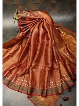 Shobitam - Rust Brown Tissue Linen Saree With Unstitched Blouse