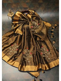 Shobitam - Hand Embroidered Tissue Linen Saree With Unstitched Blouse