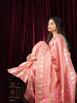 Shobitam - Exquisite Coral Pink Semi Silk Saree With Unstitched Blouse