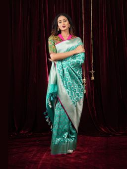 Shobitam - Teal Green Moroccan Trellis Zari Jaal Semi Silk Saree With Unstitched Blouse