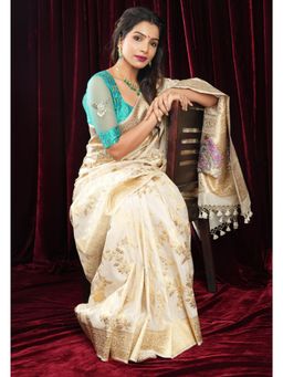 Shobitam - Ivory Tissue Semi Silk Saree With Unstitched Blouse
