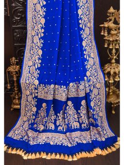 Shobitam - Blue Pure Silk Chiffon Saree With Unstitched Blouse