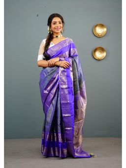 Shobitam - Exquisite Peacock Blue Kanjivaram Pure Silk Saree With Unstitched Blouse