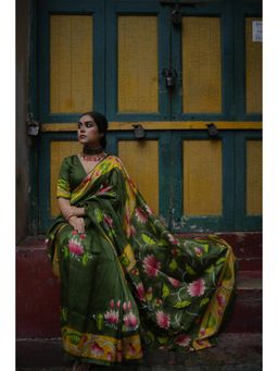 Shobitam - Green Pure Handloom Silk Saree With Unstitched Blouse