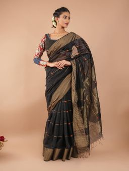 Shobitam - Black Handwoven Zari Stripes Maheshwari Silk Cotton Saree With Unstitched Blouse