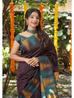 Shobitam - Brown Art Silk Saree With Unstitched Blouse