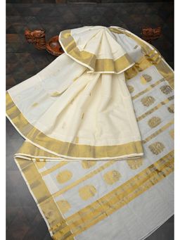 Shobitam - Off White Kerala Kasavu Cotton Saree With Unstitched Blouse