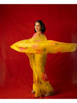 Shobitam - Exquisite Sunflower Yellow Organza Saree With Unstitched Blouse