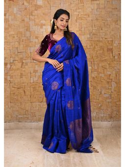 Shobitam - Royal Blue Borderless Banarasi Raw Silk Saree With Unstitched Blouse