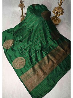 Shobitam - Bottle Green Banarasi Raw Silk Saree With Unstitched Blouse