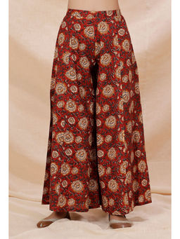 Tjori - Red Kalamkari Contrast Printed Flared Cotton Palazzo