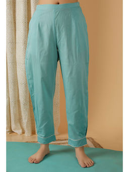 Tjori - Mulmul Cotton Solid Blue Straight Pants