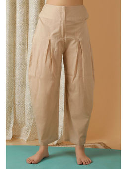 Tjori - Mulmul Cotton Solid Beige Pleated Harem Pants