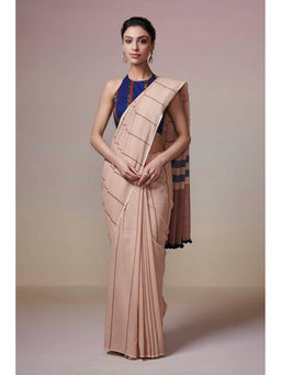 Dressfolk - Handwoven Fine Brown Stripes with Blue in Beige color Handloom 100% Pure Cotton Saree with Tassel