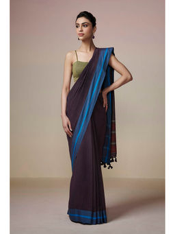 Dressfolk - Handwoven Dark Purple with Tassel Border Handloom 100% Pure Cotton Saree