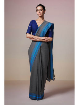 Dressfolk - Handwoven Charcoal Grey with Contrasting Blue Border Handloom 100% Pure Cotton Saree with Tassel