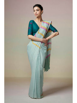 Dressfolk - Handwoven Pastel Green With Solid Colorful Stripes Handloom 100% Pure Cotton Saree with Tassel