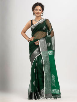 Angoshobha - Bottle Green Art Silk with Pallu Flower Motifs Banarasi Saree with Unstitched Blouse