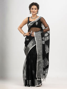 Angoshobha - Black Art Silk with Pallu Flower Motifs Banarasi Saree with Unstitched Blouse