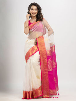 Angoshobha - Off White Art Silk with Pallu Flower Motifs Banarasi Saree with Unstitched Blouse
