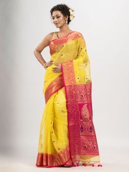 Angoshobha - Bright Yellow Art Silk with Pallu Kalka Banarasi Saree with Unstitched Blouse
