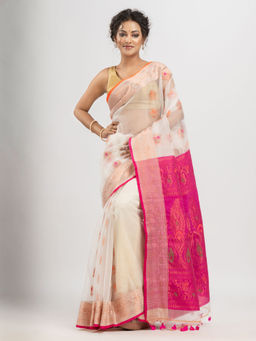 Angoshobha - White Art Silk with Pallu Kalka Banarasi Saree with Unstitched Blouse