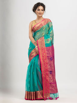 Angoshobha - Turquoise Art Silk All Body Flower Motifs Banarasi Saree with Unstitched Blouse
