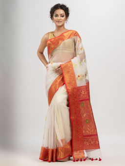 Angoshobha - Off White Art Silk All Body Flower Motifs Banarasi Saree with Unstitched Blouse