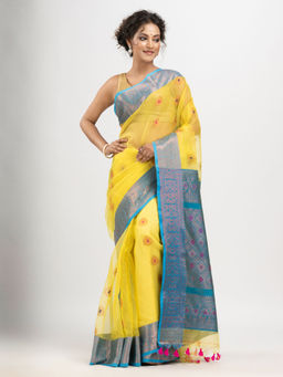 Angoshobha - Yellow Art Silk Flowers Buti with Diamond Motifs Banarasi Saree with Unstitched Blouse