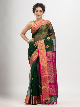 Angoshobha - Bottle Green Art Silk Flowers Buti with Motifs Banarasi Saree with Unstitched Blouse