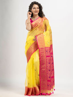 Angoshobha - Bright Yellow Art Silk Flowers with Pallu Motifs Banarasi Saree with Unstitched Blouse