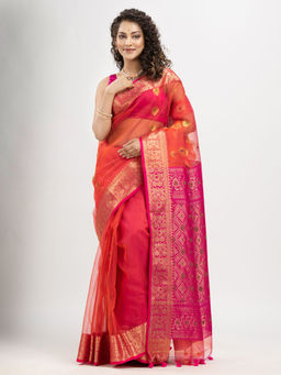 Angoshobha - Orange Art Silk Flowers Buti with Diamond Motifs Banarasi Saree with Unstitched Blouse