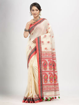 Angoshobha - Off White Cotton and Multi Colour Border Handloom Jacquard Saree with Unstitched Blouse