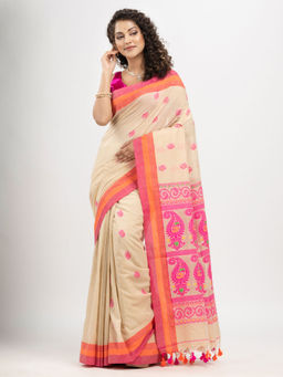 Angoshobha - Muga Cotton and Multi Colour Border Handloom Jacquard Saree with Unstitched Blouse