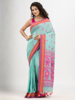 Angoshobha - Middle Blue Cotton and Multi Colour Border Handloom Jacquard Saree with Unstitched Blouse