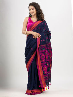 Angoshobha - Navy Blue Cotton and Multi Colour Border Handloom Jacquard Saree with Unstitched Blouse