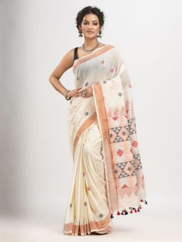 Angoshobha - Off White Cotton Copper Zari Border Handloom Jacquard Saree with Unstitched Blouse