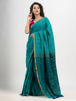 Angoshobha - Cadet Teal Cotton and Stripe with Gold Zari Border Handloom Saree with Unstitched Blouse