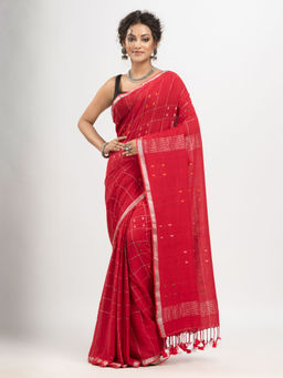 Angoshobha - Red Cotton and Stripe with Gold Zari Border Handloom Saree with Unstitched Blouse