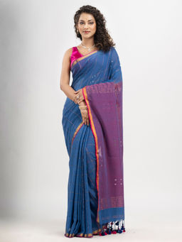 Angoshobha - Denim Blue Cotton and Stripe with Gold Zari Border Handloom Saree with Unstitched Blouse