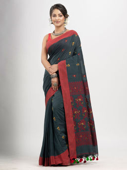 Angoshobha - Dark Grey Cotton and Solid Border Handloom Jacquard Saree with Unstitched Blouse
