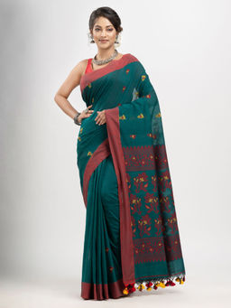Angoshobha - Pine Green Cotton and Solid Border Handloom Jacquard Saree with Unstitched Blouse