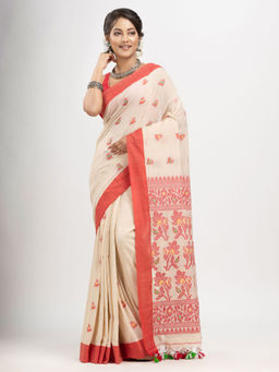 Angoshobha - Off White Cotton and Solid Border Handloom Jacquard Saree with Unstitched Blouse