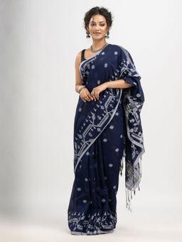 Angoshobha - Navy Blue Cotton Jacquard Jamdani Saree with Unstitched Blouse