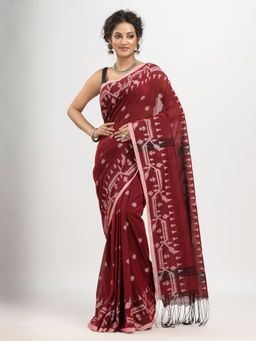 Angoshobha - Maroon Cotton Jacquard Jamdani Saree with Unstitched Blouse
