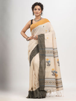 Angoshobha - Beige Cotton and Ganga Jamuna Solid Border Jacquard Saree with Unstitched Blouse